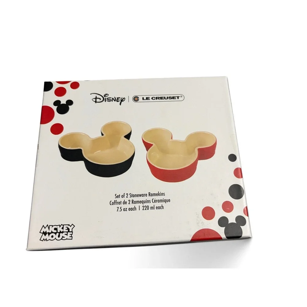 Le Creuset Disney Mickey Mouse Stoneware Ramekins Set of 2 Red Black 7.5oz New